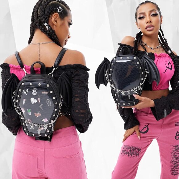 Gothic Coffin Shape Pvc Bag for Women Halloween Shoulder Backpack - Picture 2 of 9